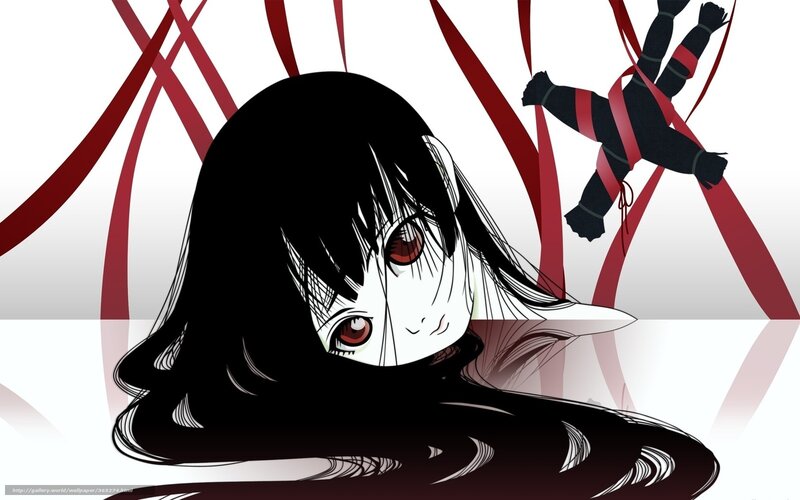 Anime Girl with Red Eyes — Black, Dramatic, Manga, Doll, Ribbons