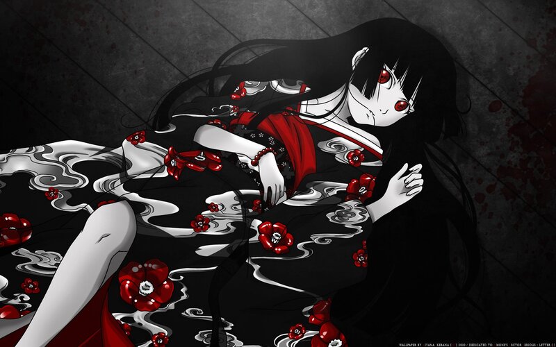 Anime Girl with Red Eyes — Black, Dramatic, Manga, Red Flowers