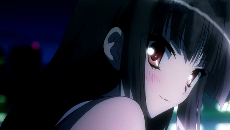 Anime Girl with Red Eyes — Black, Dramatic, Night, City Lights