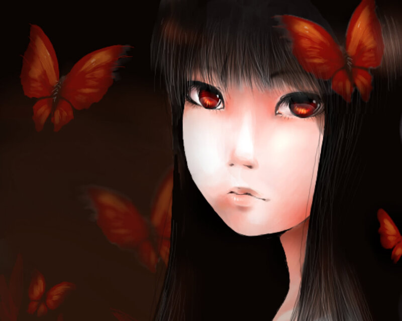 Anime Girl with Red Eyes — Black, Dramatic, Night, Digital Art, Butterflies