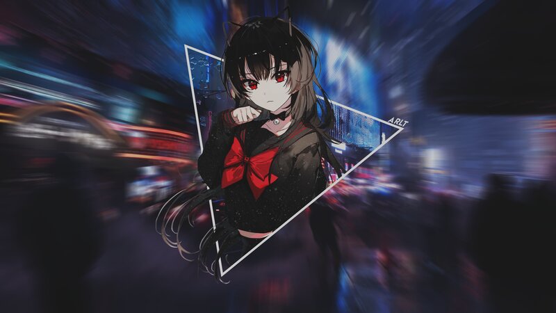 Anime Girl with Red Eyes — Black, Dramatic, Night, Digital Art, Cat Ears