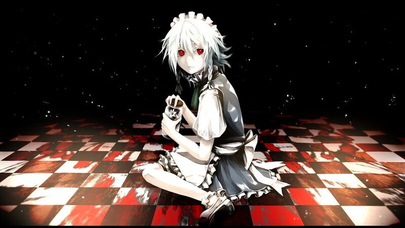 Anime Girl with Red Eyes — Black, Dramatic, Night, Digital Art, Checkered Floor