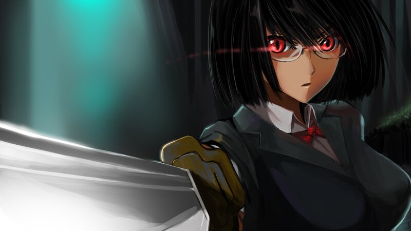 Anime Girl with Red Eyes — Black, Dramatic, Night, Digital Art, Glasses, Suit