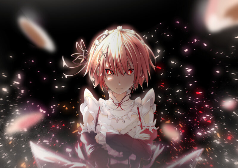 Anime Girl with Red Eyes — Black, Dramatic, Night, Digital Art, Red Eyes, White Dress
