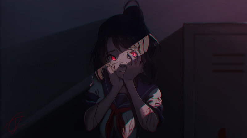Anime Girl with Red Eyes — Black, Dramatic, Night, Digital Art, School Uniform