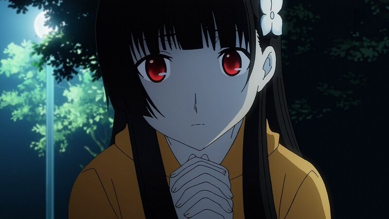 Anime Girl with Red Eyes — Black, Dramatic, Night, Moon, Trees