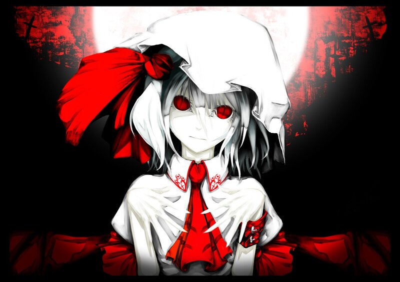Anime Girl with Red Eyes — Black, Dramatic, Night, Red Bow