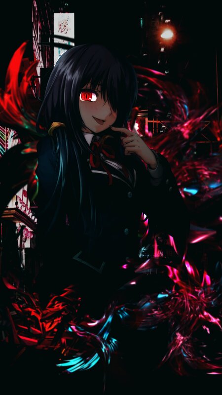 Anime Girl with Red Eyes — Black, Dramatic, Night, School Uniform, Neon Lights