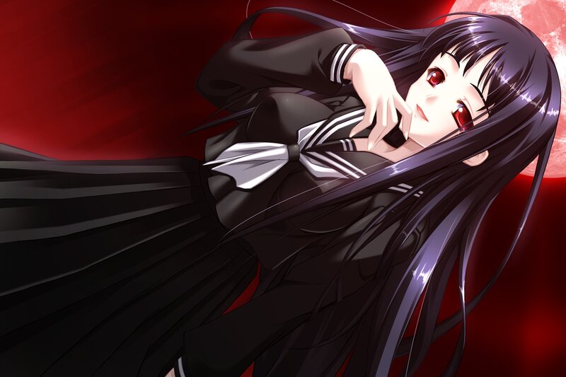 Anime Girl with Red Eyes — Black, Dramatic, Night, School Uniform