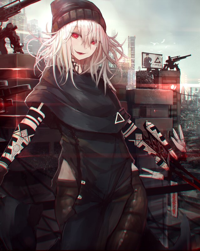 Anime Girl with Red Eyes — Black, Dramatic, Sunset, Digital Art, Cityscape