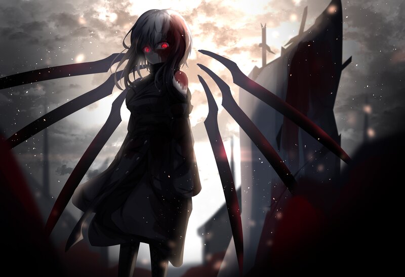Anime Girl with Red Eyes — Black, Dramatic, Sunset, Digital Art, Dark Wings