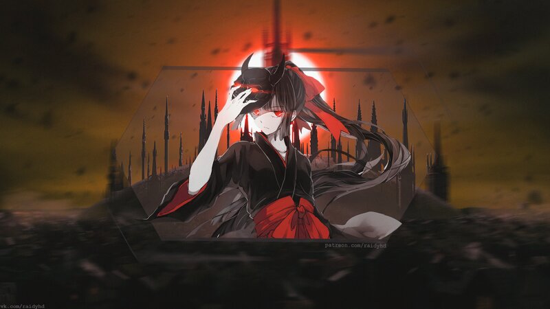 Anime Girl with Red Eyes — Black, Dramatic, Sunset, Digital Art, Red Ribbon