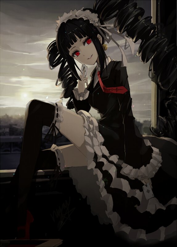 Anime Girl with Red Eyes — Black, Dramatic, Sunset, Digital Art