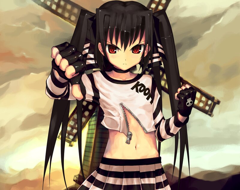 Anime Girl with Red Eyes — Black, Dramatic, Sunset, Long Black Hair