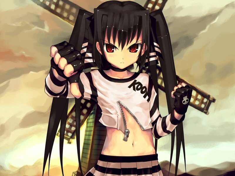 Anime Girl with Red Eyes — Black, Dramatic, Sunset