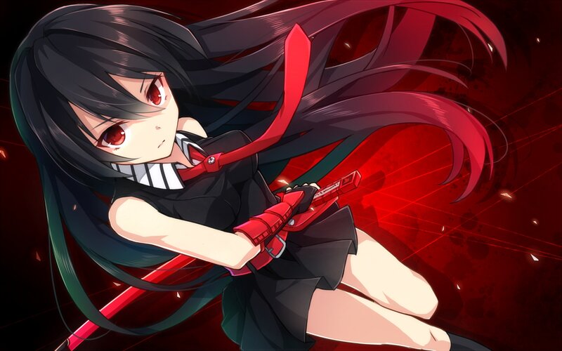 Anime Girl with Red Eyes — Black, Dramatic, Sword, School Uniform