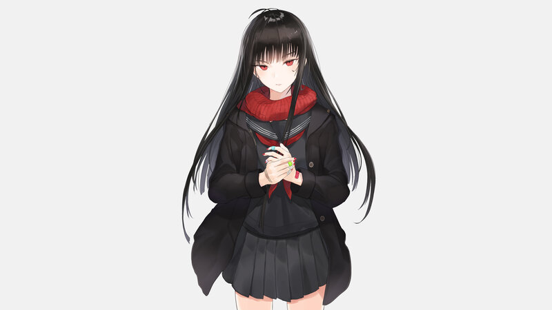 Anime Girl with Red Eyes — Black, Neutral, Digital Art, Scarf