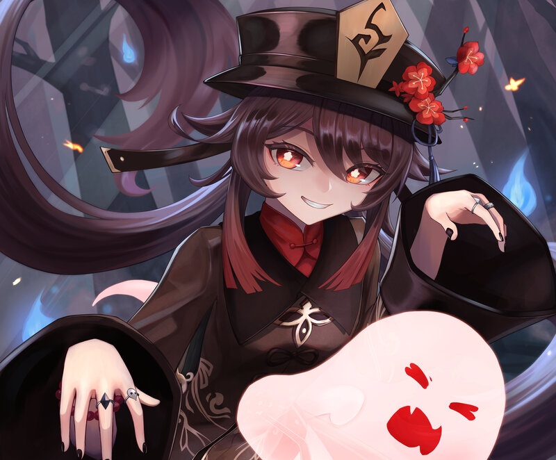 Anime Girl with Red Eyes — Black, Playful, Digital Art, Hat