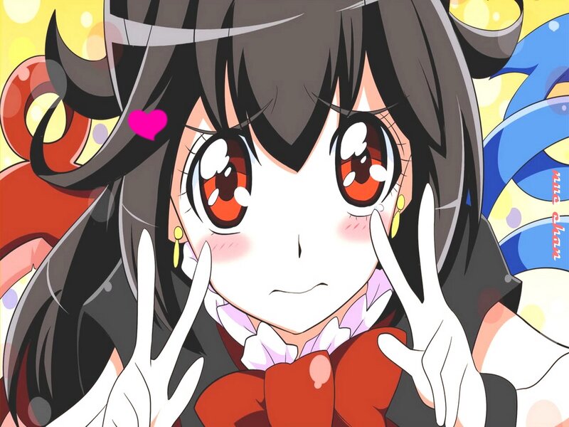 Anime Girl with Red Eyes — Black, Playful, Heart