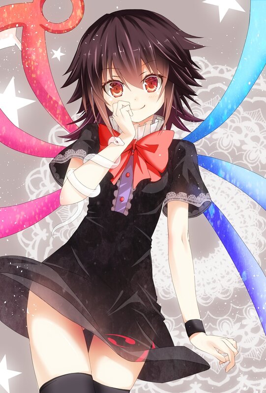 Anime Girl with Red Eyes — Black, Playful, Red Bow, Black Dress