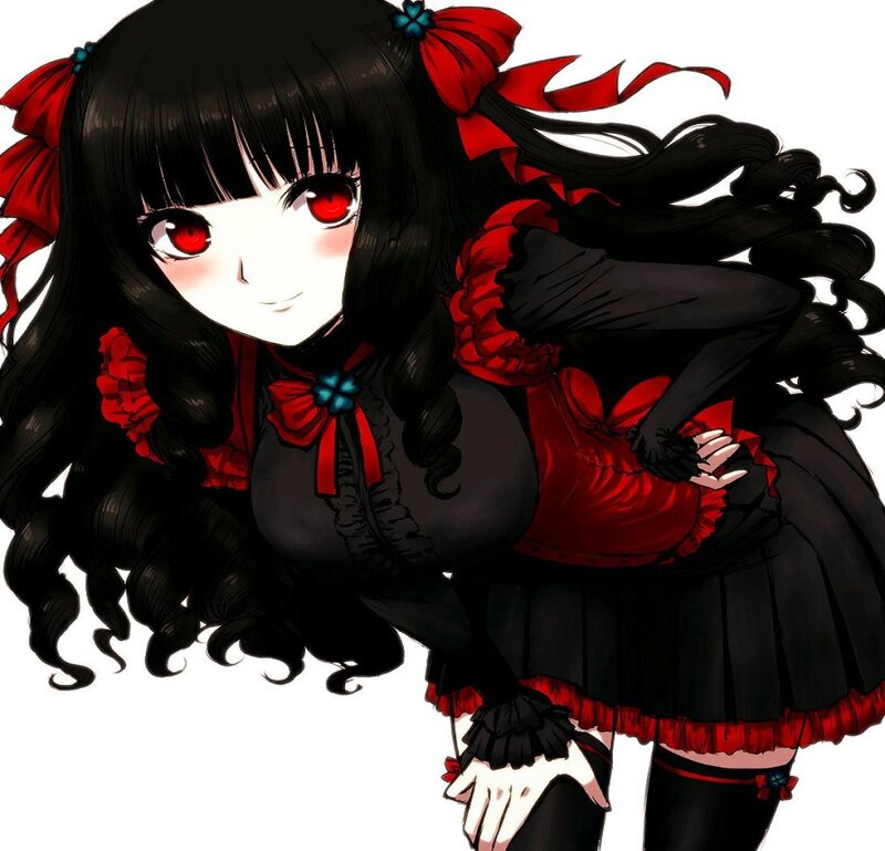 Anime Girl with Red Eyes — Black, Playful, Red Bows
