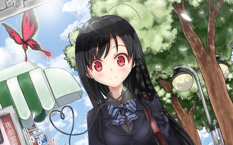 Anime Girl with Red Eyes — Black, Serene, Afternoon, Butterfly