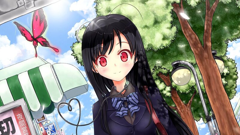 Anime Girl with Red Eyes — Black, Serene, Afternoon, Butterfly, Tree
