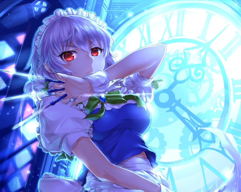 Anime Girl with Red Eyes — Blue, Dramatic, Clock