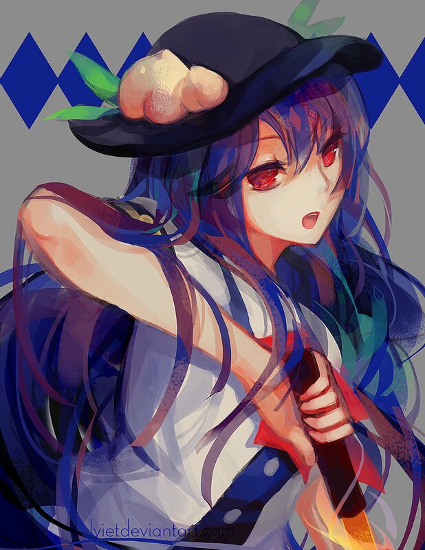 Anime Girl with Red Eyes — Blue, Dramatic, Digital Art, Hat, Sword