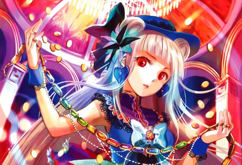 Anime Girl with Red Eyes — Blue, Dramatic, Digital Art, Hat
