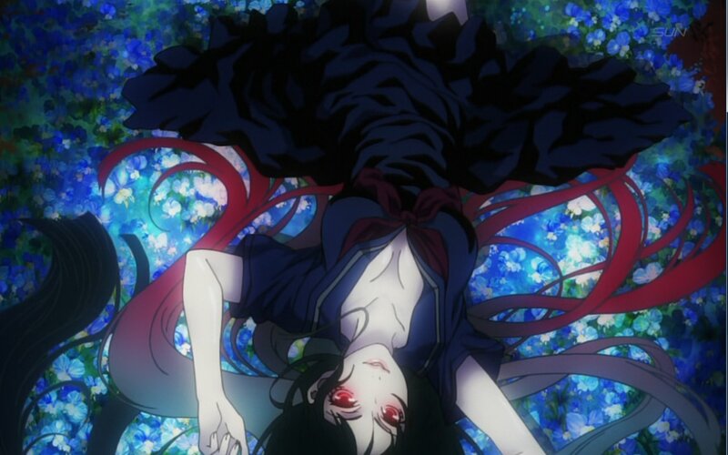 Anime Girl with Red Eyes — Blue, Dramatic, Flowers