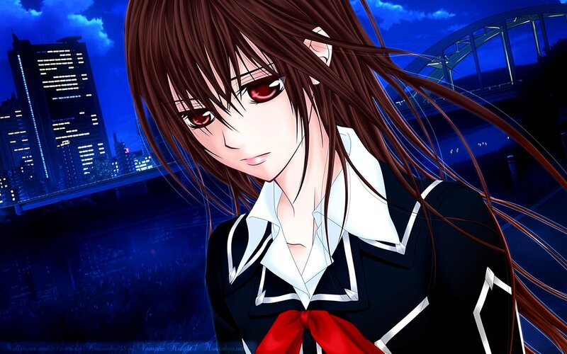 Anime Girl with Red Eyes — Blue, Dramatic, Night, City Skyline, Bridge