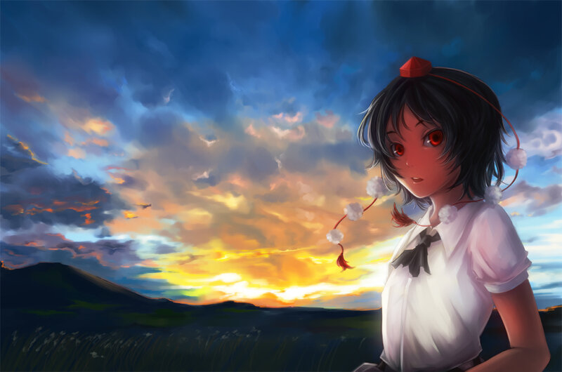 Anime Girl with Red Eyes — Blue, Dramatic, Sunset