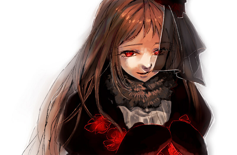 Anime Girl with Red Eyes — Brown, Dramatic, Digital Art, Red Flowers