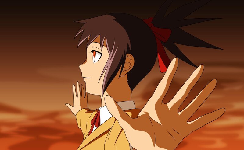 Anime Girl with Red Eyes — Brown, Dramatic, Sunset, Red Ribbon