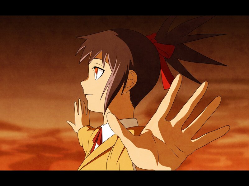 Anime Girl with Red Eyes — Brown, Dramatic, Sunset, School Uniform