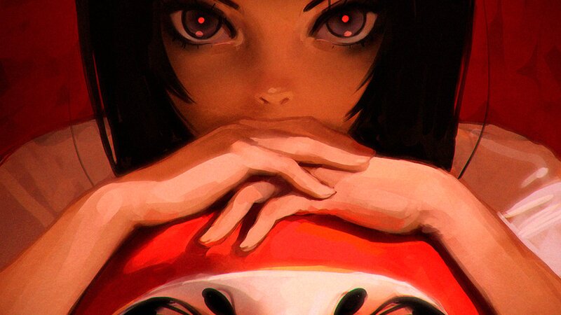 Anime Girl with Red Eyes — Dramatic, Digital Art, Hands