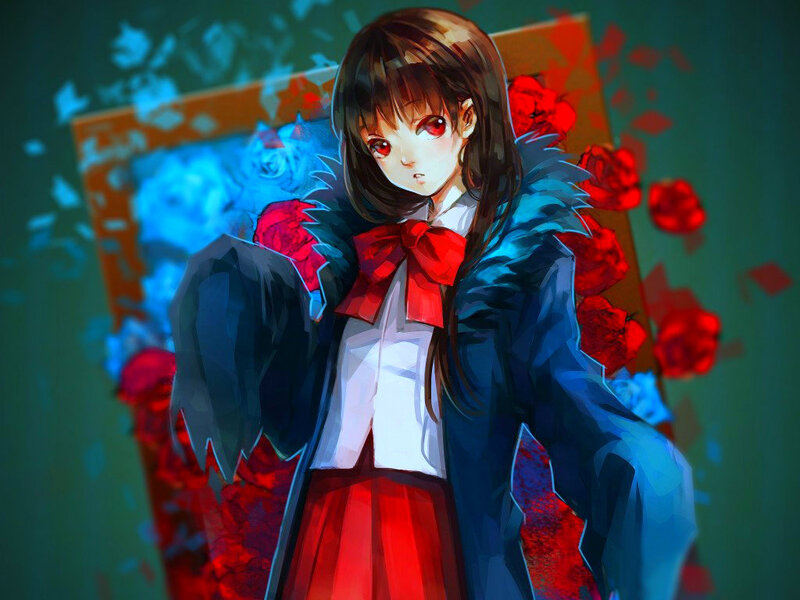 Anime Girl with Red Eyes — Dramatic, Digital Art, Red Roses, Blue Light