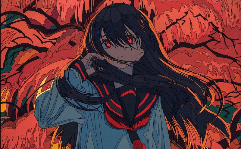 Anime Girl with Red Eyes — Dramatic, Long Hair, Sailor Uniform