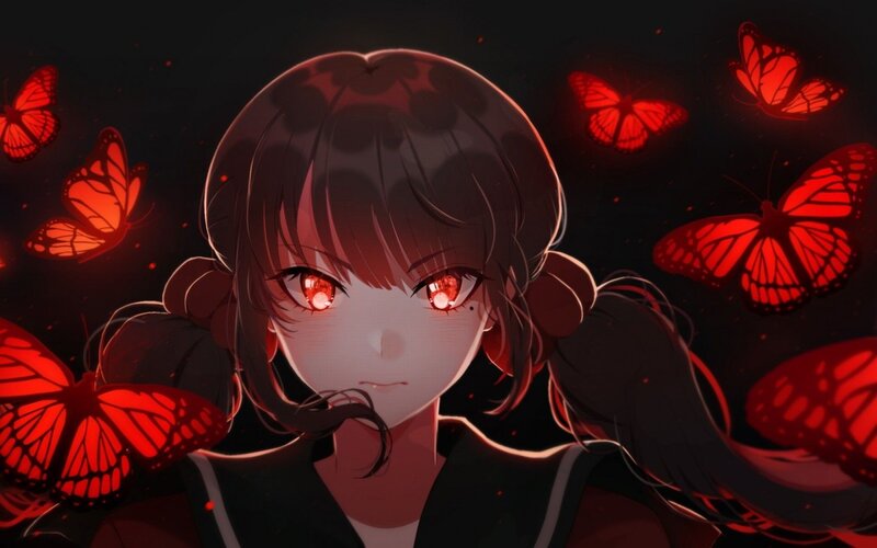Anime Girl with Red Eyes — Dramatic, Night, Digital Art, Butterflies