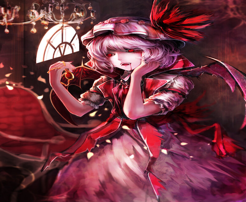 Anime Girl with Red Eyes — Dramatic, Night, Digital Art, Chandelier