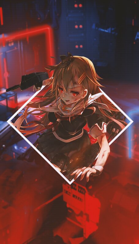 Anime Girl with Red Eyes — Dramatic, Night, Digital Art, Gun, Neon Lights