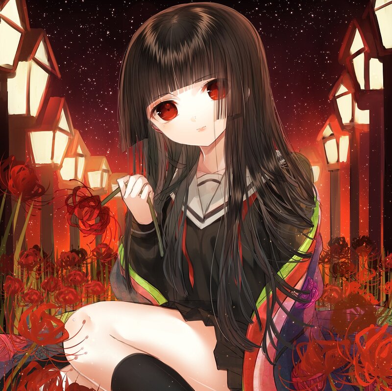 Anime Girl with Red Eyes — Dramatic, Night, Digital Art, Lanterns