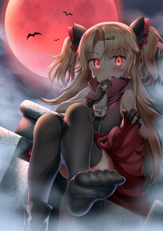Anime Girl with Red Eyes — Dramatic, Night, Digital Art, Red Moon, Bats