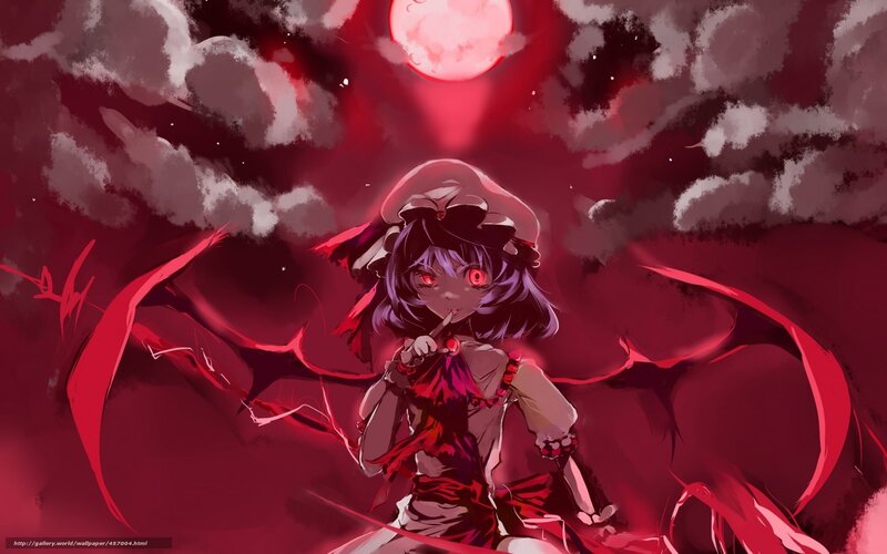 Anime Girl with Red Eyes — Dramatic, Night, Digital Art, Red Moon, Clouds, Wings
