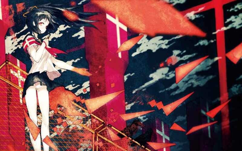 Anime Girl with Red Eyes — Dramatic, Night, Digital Art, Shattered Glass