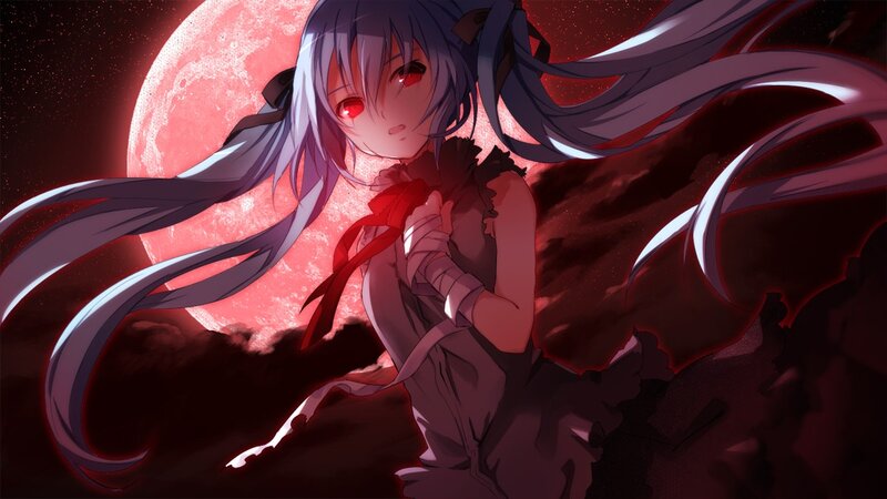 Anime Girl with Red Eyes — Dramatic, Night, Red Moon, Long Hair