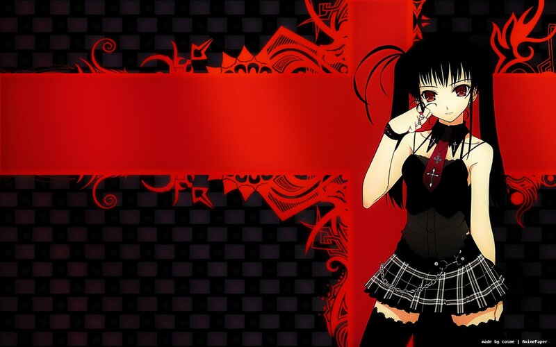 Anime Girl with Red Eyes — Dramatic, Plaid Skirt, Black Top, Chains