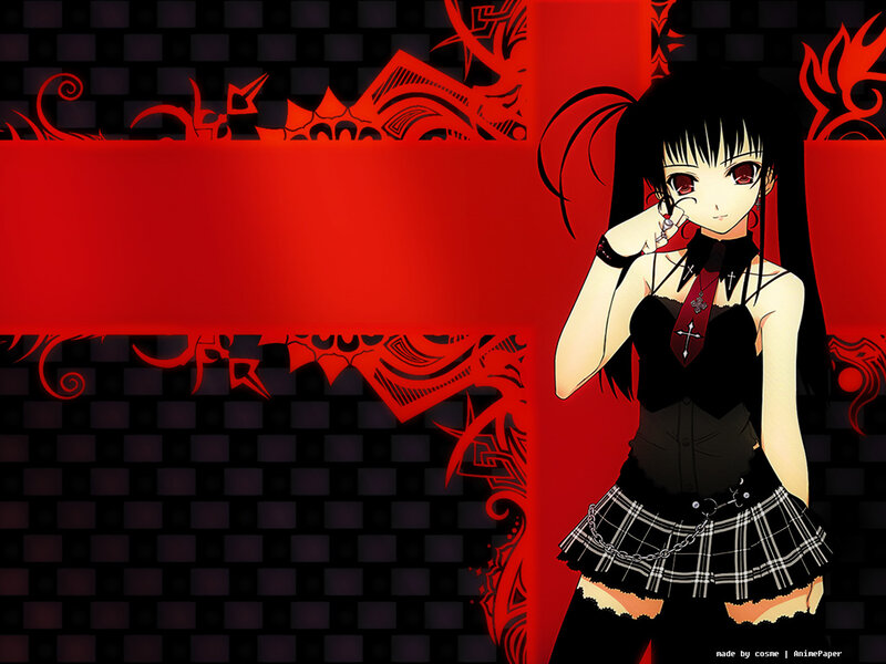 Anime Girl with Red Eyes — Dramatic, Plaid Skirt, Black Top, Red Background