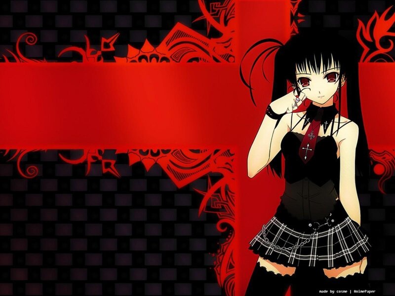 Anime Girl with Red Eyes — Dramatic, Plaid Skirt, Black Top